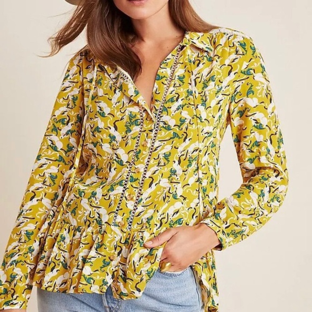 Anthropologie Maeve Janie Novelty Peasant Blouse Yellow Size 4P